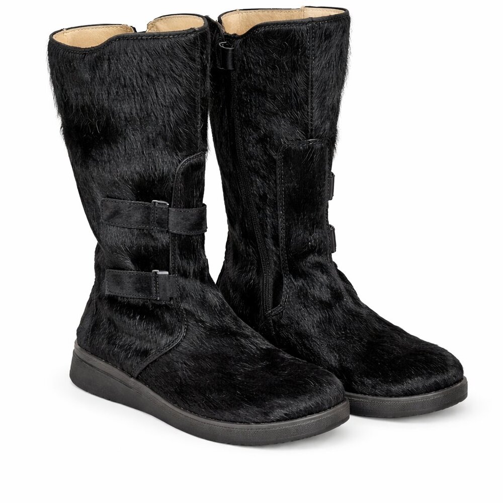 Naturino Italy Black Calfskin Fur Boots Girls EU 34 US 3 Mid-Calf Zip Velcro